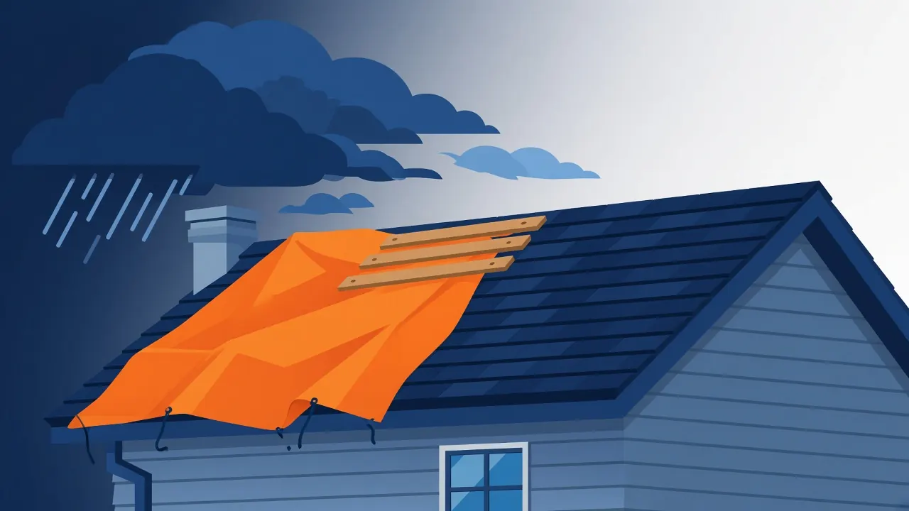 Illustration of an orange emergency tarp secured with wooden boards over a storm-damaged roof as rain clouds move away