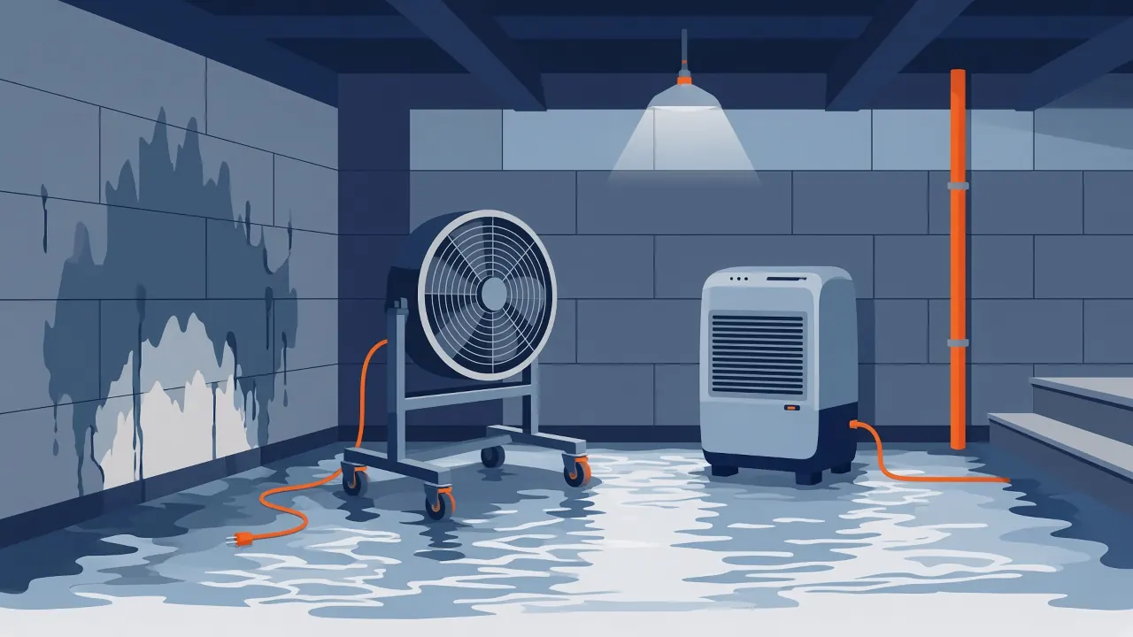 Illustration of a flooded basement with standing water, a wall water stain, an air mover fan and a dehumidifier for drying