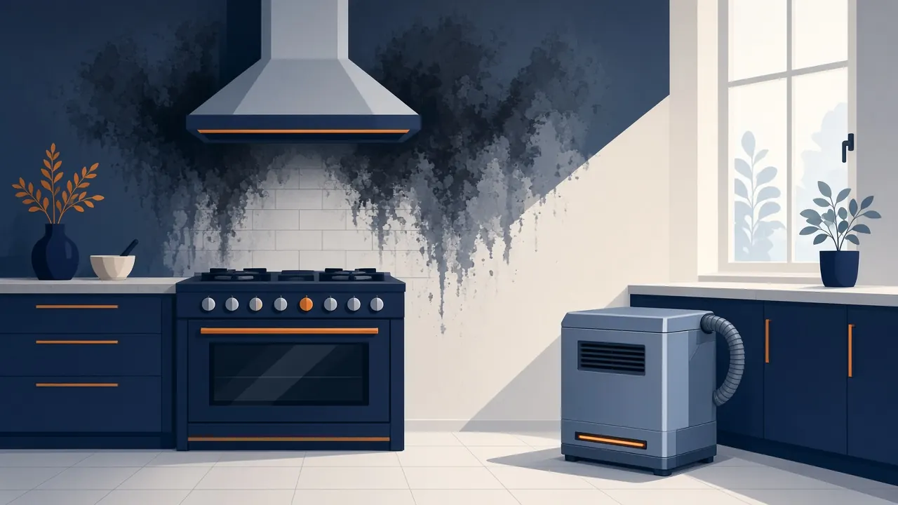 Illustration of smoke and soot stains on a kitchen wall above a range, with an air scrubber for smoke odor removal